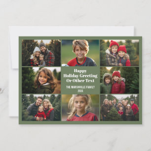 8 Photo Collage - Simple Grid - Olive Green Holiday Card