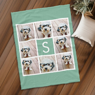 8 Photo Collage Single Monogram - Mint Green Fleece Blanket