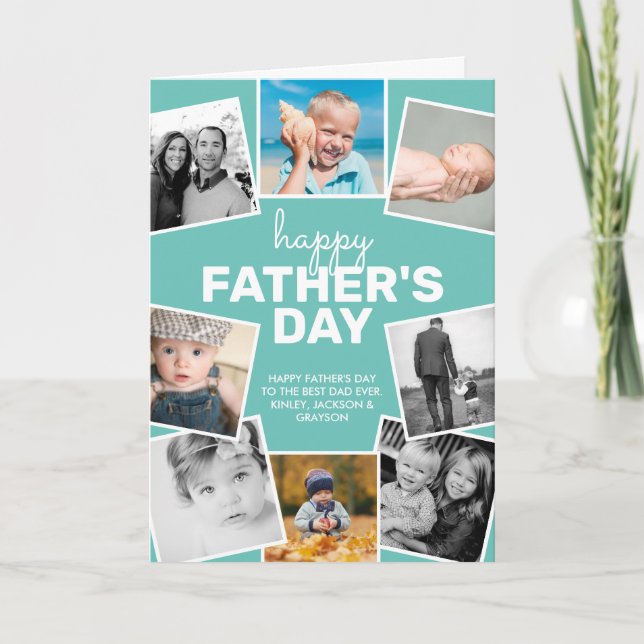 8 Photo Collage Teal Happy Father's Day Card (Front)