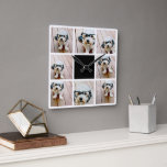 8 Photo Collage - with black accent colour Square Wall Clock<br><div class="desc">Black and White - A popular grid collage with photos. Use 8 square photos to create a unique and personal gift. For best results, crop your photos into squares before uploading. If you need to adjust the pictures, click on the customise tool to make changes. For best results, crop your...</div>