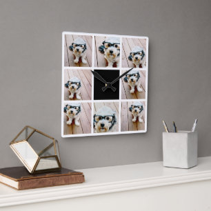 8 Photo Collage - with black accent colour Square Wall Clock