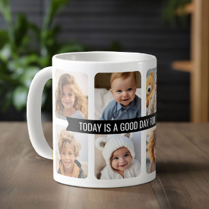 8 Photo Collage with Custom Text Ribbon - Black Coffee Mug