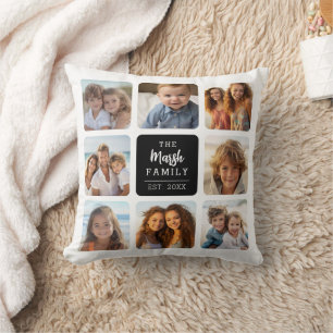 8 Photo Collage with Family Name in Middle - Black Cushion