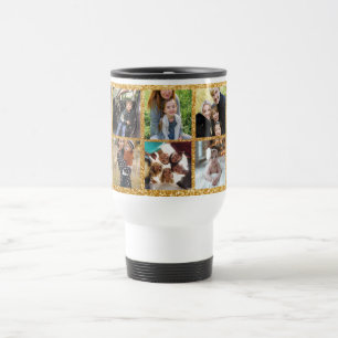 8 Photo Collage with Gold glitters Background Travel Mug