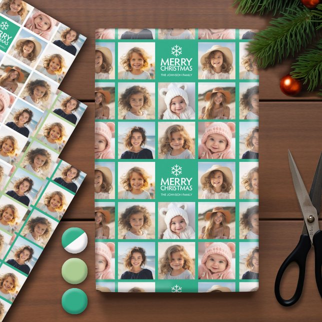 8 Photo Collage with Merry Christmas - 3 colours Wrapping Paper Sheet (Photo Wrapping Paper - Holiday and Christmas Theme)
