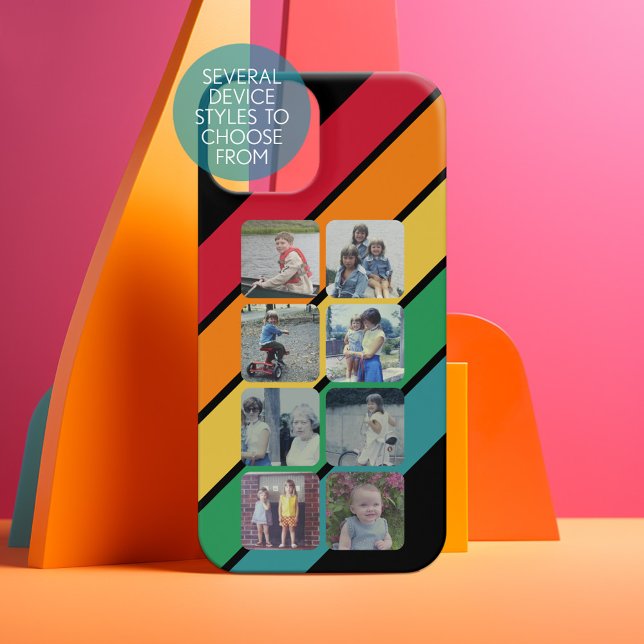 8 photo collage with retro 70s inspired stripes (Personalized Phone case with photos and retro stripes)