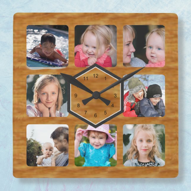 8 Photo Collage Wood Colour Square Wall Clock (Creator Uploaded)