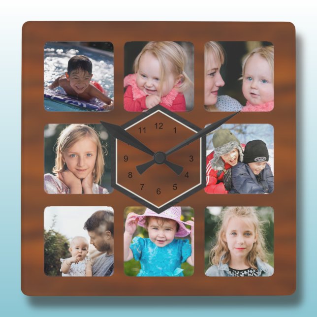 8 Photo Collage Wood Pattern Square Wall Clock (Creator Uploaded)