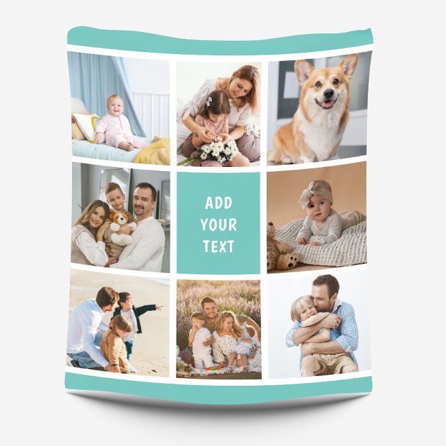 8 Photo Family Collage Turquoise Custom Fleece Blanket (Creator Uploaded)