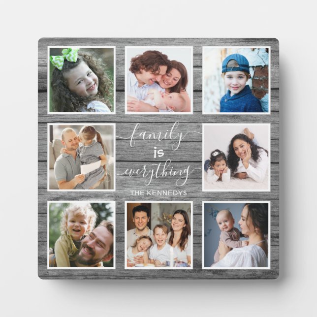 8 Photo Family Is Everything Quote Grey Wood Plaque (Front)