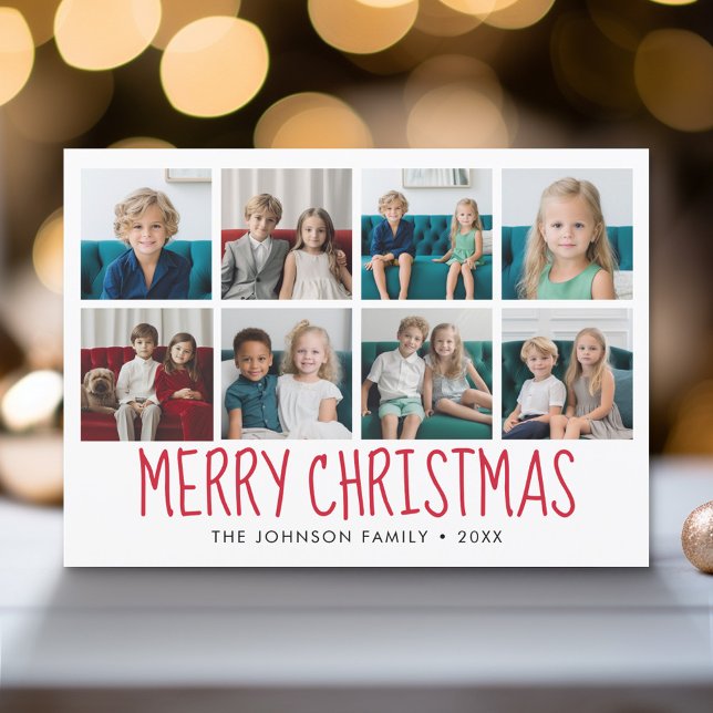 8 Photo Merry Christmas Red Pattern Holiday Card (Modern Holiday Greeting Card with a Family Photo)