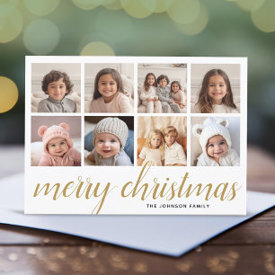 8 Photo Merry Christmas Script Gold Damask Holiday Card