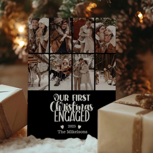 8 Photo Minimalist First Christmas Engaged Holiday Card (Creator Uploaded)