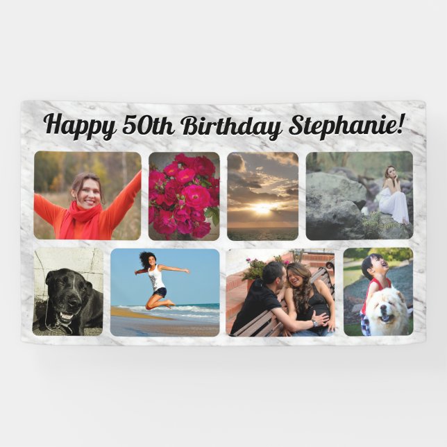 8 Photo Modern Marble Collage Birthday Party Banner (Horizontal)