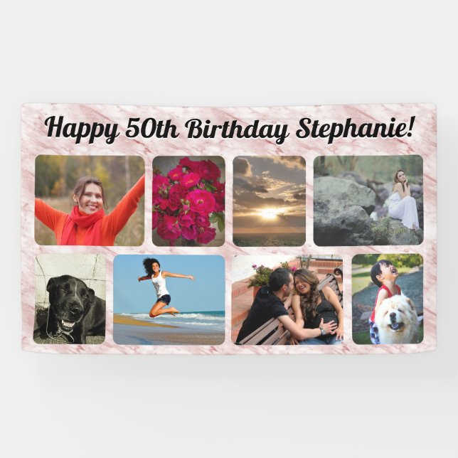 8 Photo Modern Pink Marble Collage Birthday Party Banner (Horizontal)