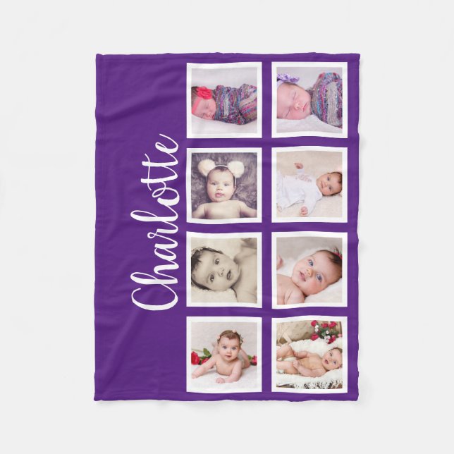8 Photo Personalised Custom (purple) Fleece Blanket (Front)