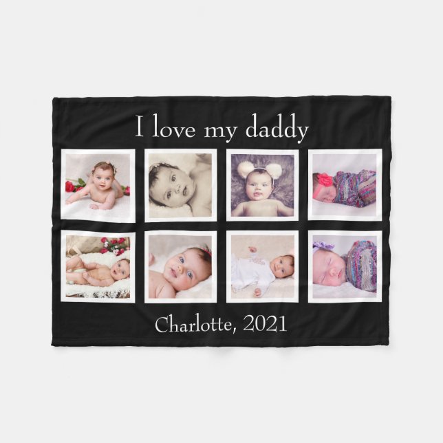 8 Photo Personalised Custom Text (Black) Fleece Blanket (Front (Horizontal))