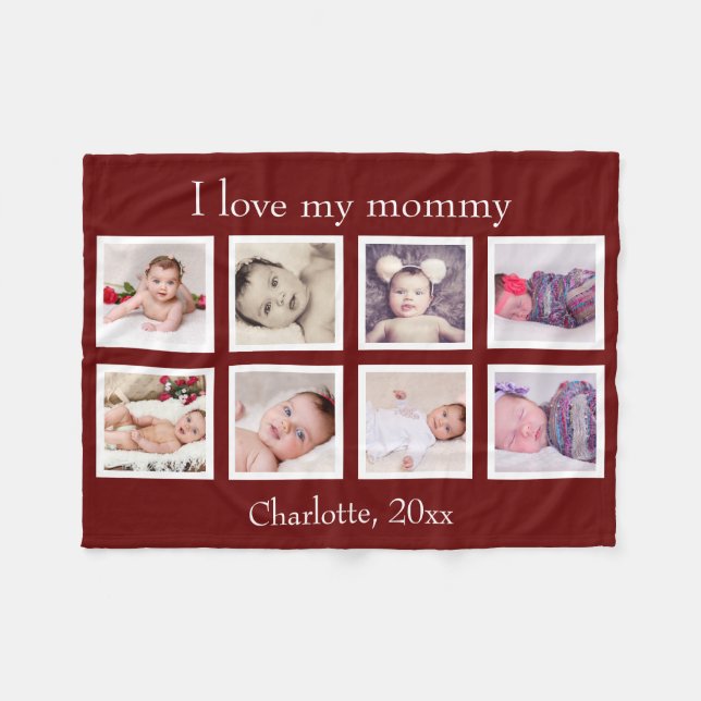 8 Photo Personalised Custom Text (Burgundy) Fleece Blanket (Front (Horizontal))