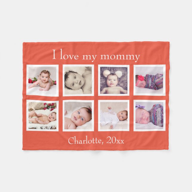 8 Photo Personalised Custom Text (Orange) Fleece Blanket (Front (Horizontal))