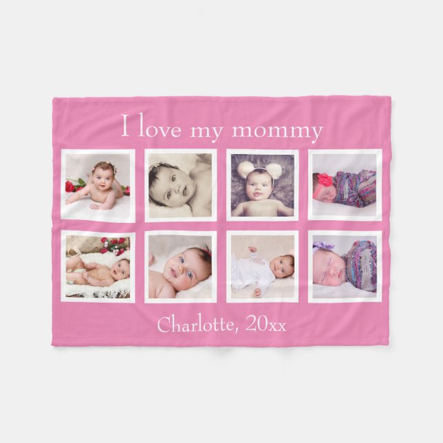 8 Photo Personalised Custom Text (pink) Fleece Blanket (Front (Horizontal))