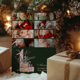 8 Photo  Pink Green Baby First Christmas Holiday Card
