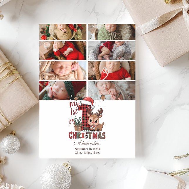 8 Photo Plaid Reindeer First Christmas Holiday Card (Creator Uploaded)