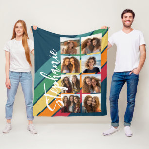 8 Photo Retro stripe pattern rainbow monogram Fleece Blanket