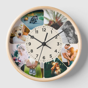 8 Photo Rounded Clock Tan