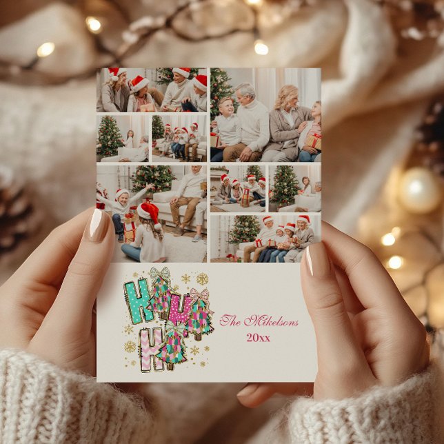 8 Photo Whimsical Ho Ho Ho Christmas Family  Holiday Card (Creator Uploaded)