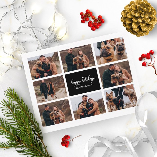 8 Photos Happy Holidays Collage Black Christmas Postcard (Creator Uploaded)