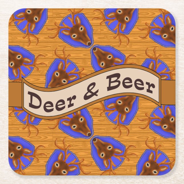 8-Point Buck Deer Hunting Trophy on Wood Grain Square Paper Coaster (Front)