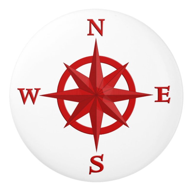 8-Point Compass Rose, Deep Red and White Ceramic Knob (Front)