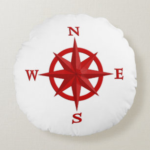 8-Point Compass Rose, Deep Red and White Round Cushion