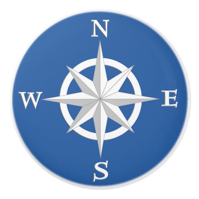 8-Point Compass Rose, White and Cobalt Blue Ceramic Knob (Front)