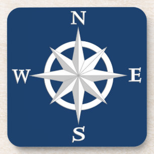 8-Point Compass Rose, White and Navy Blue Coaster