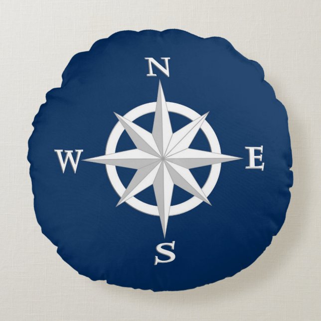 8-Point Compass Rose, White and Navy Blue Round Cushion (Front)