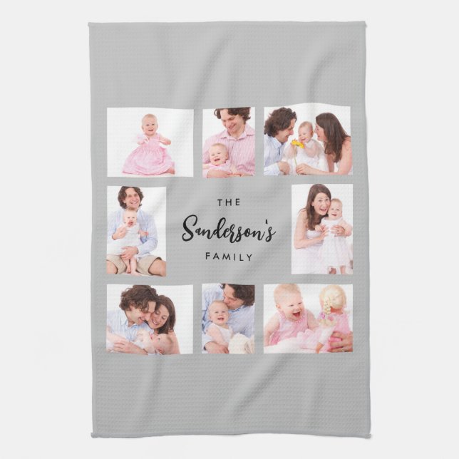 8 Sections Family Photo in Gray Frame Tea Towel (Vertical)