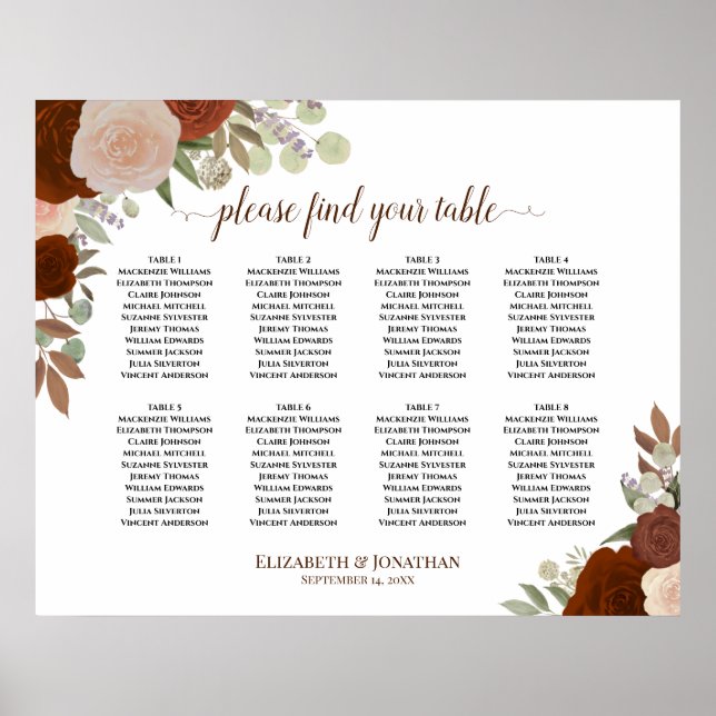 8 Table Autumn Rust Floral Wedding Seating Chart (Front)