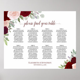 8 Table Burgundy, Red & Pink Roses Seating Chart