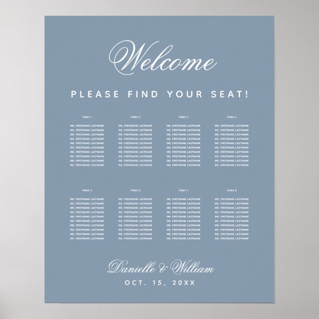 8 Table Dusty Blue Wedding Simple Seating Chart  (Front)