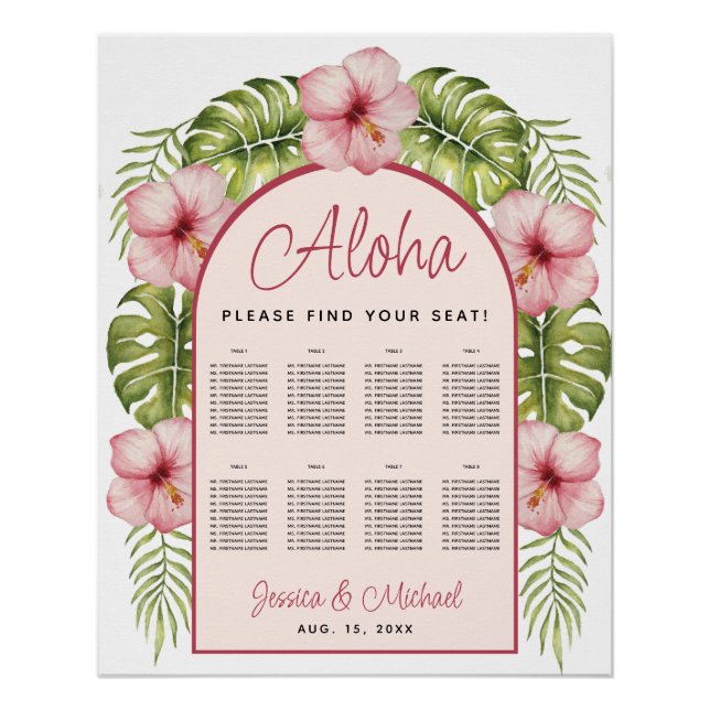 8 Table Hawaii Wedding Tropical Arch Seating Chart (Front)