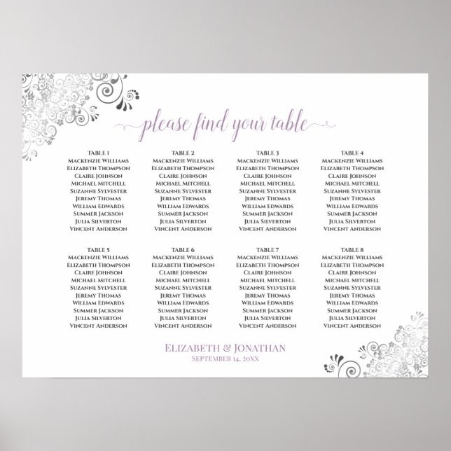 8 Table Lacy Lavender Wedding Seating Chart White (Front)