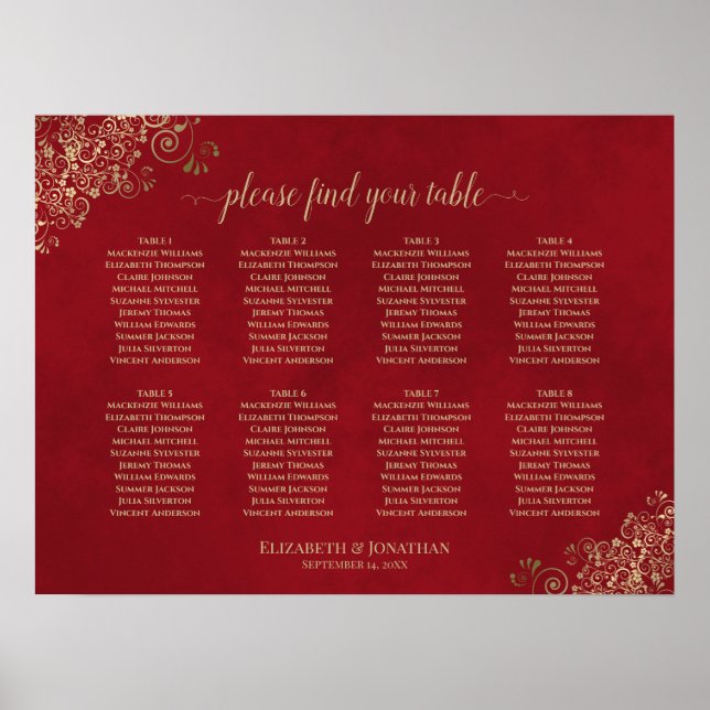 8 Table Red & Gold Lace Wedding Seating Chart (Front)
