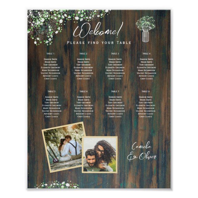 8 Table Rustic Wood Gypsophila PHOTO SEATING (Front)