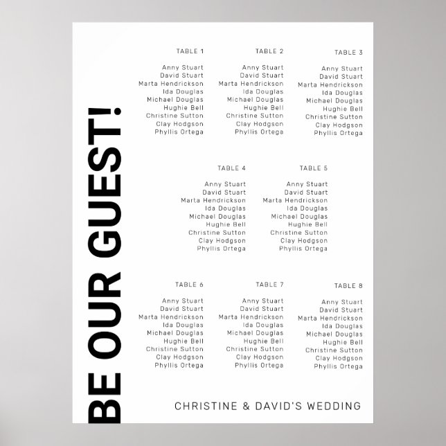 8 table Simple White Wedding seating chart (Front)