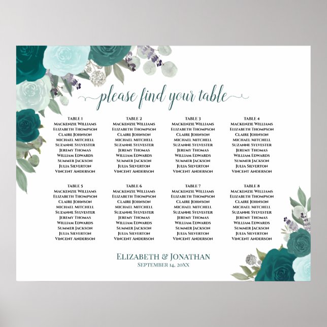 8 Table Teal Roses Elegant Wedding Seating Chart (Front)