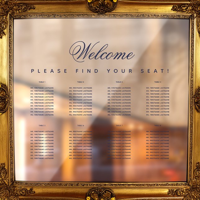 8 Table Transparent Navy Blue Script Seating Chart (Creator Uploaded)