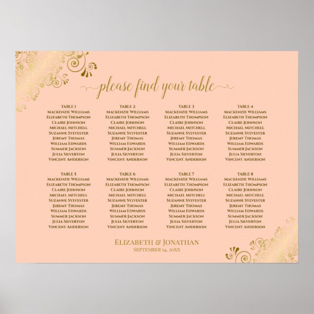 8 Table Wedding Seating Chart Coral Peach & Gold (Front)