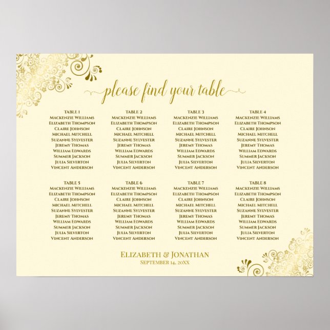 8 Table Wedding Seating Chart Gold Frills on Cream (Front)