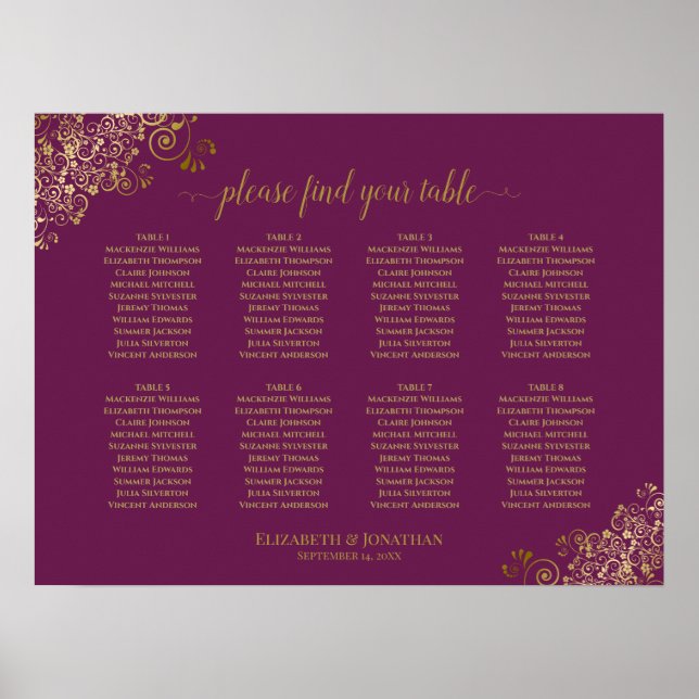8 Table Wedding Seating Chart Magenta Plum & Gold (Front)